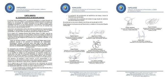 En la carta los pensionistas exigen a Maduro el “pago inmediato” de las pensiones / Foto: Asopeve Asturias