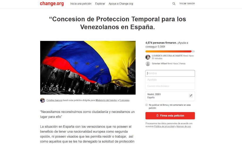 Petición para la protección temporal de los venezolanos en Change.org