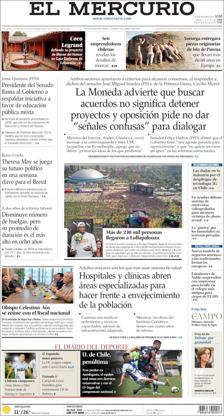 Portada Lunes 01 de Abril-El Mercurio (Chile) - ALnavío