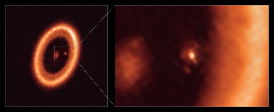 Esta imagen, tomada con el Atacama Large Millimeter/submillimeter Array (ALMA), del que ESO es socio, muestra el sistema PDS 70, ubicado a casi 400 años luz de distancia y aún en proceso de formación. EFE/ALMA (ESO/NAOJ/NRAO)