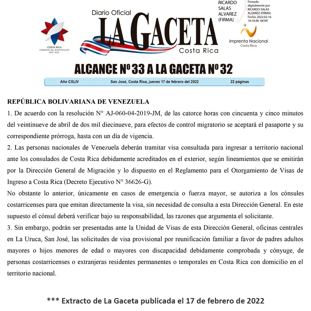 Los venezolanos necesitarán visa para ingresar a Costa Rica desde este 21 de febrero