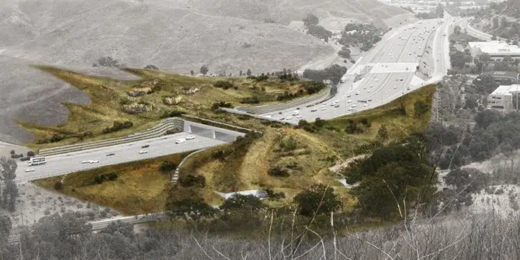 Fotografía cedida por Living Habitats y National Wildlife Federation (NWF) de un diseño conceptual de como será el Puente Para la Vida Silvestre Wallis Annenberg, que conectará las montañas de Santa Mónica, Simi Hills, y el área norte y sur de las Montañas de Santa Susana divididas por la autopista 101, una de las dos arterias que conectan a Los Ángeles con el norte de California. La construcción del puente para animales silvestres "más grande del mundo", que permitirá a grandes felinos, coyotes, venados y serpientes, entre otros, cruzar sobre una autopista de diez carriles sin riesgo de atropellos, arrancó este viernes en el sur de California en coincidencia con el Día de la Tierra. EFE