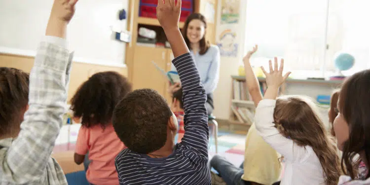 Elementary school kids raising hands to teacher, back view