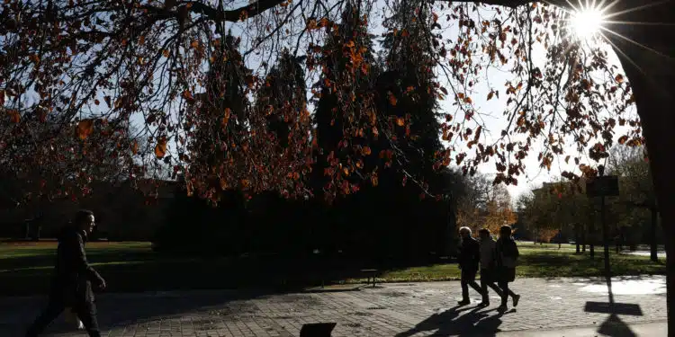 Varias personas pasean por el parque de La Ciudadela de Pamplona hoy.  EFE/ Jesus Diges