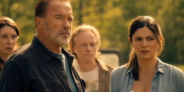 Fubar. (L to R) Cailin Stadnyk as Will’s wife, Arnold Schwarzenegger as Luke Brunner, Patrick Garrow as Will, Monica Barbaro as Emma Brunner in episode 102 of Fubar. Cr. Courtesy of Netflix © 2023